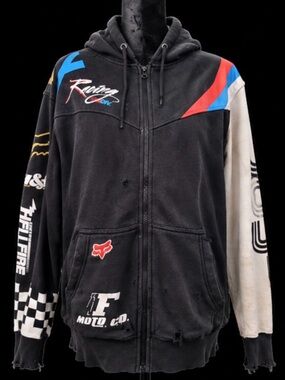 Fox Racing Moto Co Thrashed Full Zip Hoodie Y2K Motocross Distressed Racing